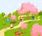 Spring city sakura park, characters people relax, train and walk dogs, family picnic, flat vector illustration, isolated