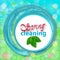 Spring cleaning blurred background with water splash. Services cleaning. Poster or banner with soap bubbles and leaves. Vector