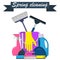 Spring cleaning concept. Bucket, scoop and brush for sweeping, washing powder, bottle of spray, sponge, brush, glass scraper, rubb