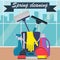 Spring cleaning concept. Bucket, scoop and brush for sweeping, washing powder, bottle of spray, sponge, brush, glass scraper, rubb