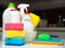 Spring-cleaning of the house. Various detergents and cleaning products on the table in the kitchen. Close-up. Selective focus