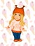 Spring clip art cartoon girl in hat with ears and long blonde hair like squirrel For spring greeting card, seasonal promo banner,