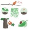 A Spring collection with a tree and a squirrel, a sprout in the ground, green leaves, a bird and lettering hello spring, a vector