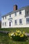 Spring: colonial house with sunlit yellow daffodils