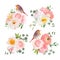 Spring colorful bouquets and cute robin birds vector design objects.