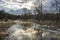 Spring comes to the river bank. Winter ends landscape with trees near river