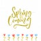 Spring is coming. Inspirational quote about spring season start. Modern calligraphy and hand drawn tulip flowers.