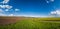 Spring countryside view with dirty road  rapeseed yellow blooming fields  village  hills. Ukraine  Lviv Region