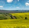 Spring countryside view with dirty road, rapeseed yellow blooming fields, village, hills. Ukraine, Lviv Region