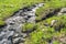 Spring creek among rocks and green grass. Mountain stream on summer day. Water foams in riverbed