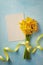 Spring daffodil flowers and clean card on blue background. Beautiful bouquet for Women day, Mother day. Top view