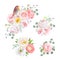 Spring delicate bouquets and cute robin bird vector design objects