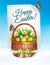 Spring Easter background. Easter eggs in basket with flowers