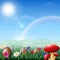 Spring Easter background. Easter eggs in grass with flowers and red mushroom