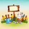 Spring Easter cartoon background with cute bunny , flowers and eggs