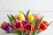 Spring easter colorful tulips on white vintage background