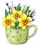 Spring easter composition in a cup. Spring flowers, daffodils, willow in a green polka dot mug. Stock watercolor hand