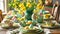 Spring Easter Table Decor with Daffodils and Easter eggs