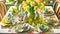 Spring Easter Table Decor with Daffodils and Easter eggs