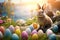 Spring Elysium: Cute Bunny in an Idyllic Landscape Overflowing with Colorful Eggs. Generative AI