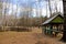 In the spring empty Park there are bare birches and a wooden gazebo.