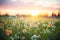 spring equinox sunset over a flower field