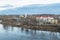 Spring evening cityscape on the Volga river. Rzhev, Tver region.