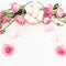 Spring feminine composition with pink roses and marshmallow on white background. Top view. Flat lay