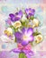 Spring festive card with flowers primroses and crocuses.