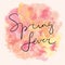 Spring fever text, hand written calligraphy on watercolor background. Abstract splashes lettering sticker. Season phrase text