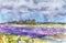 Spring field with blooming flowers: daffodils and hyacinths. Netherlands. Watercolor landscape from nature