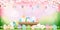 Spring field with bunny hunting Easter eggs and cherry blossom frame,Vector Cute cartoon rabbits and hunny bees flying in grass
