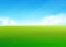 Spring field nature background with green grass landscape, clouds, sky