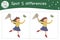 Spring find differences game for children. Garden preschool activity with girl with a net catching butterfly. Puzzle with cute