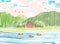 Spring fishing. Watercolor vector landscape with fishermen on boats, house, clouds and mountains. Fishing in the river. Cute