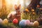 Spring Fling: Cute Bunny Engaging in a Playful Encounter Amidst Colorful Easter Eggs. Generative AI