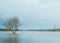 Spring flood in Kaunas, confluence of the Nemunas and the Neris ND1000 Flooded park, trees, city infrastructure. Water level, rive