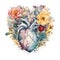 Spring floral human heart watercolor illustration, spring clipart