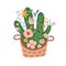 Spring flower bouquet in wicker basket, green bunch of various spring flowers with branches, summer bouquet, cute hand