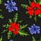 Spring flower field seamless pattern background. Red flowers of blooming wild poppy with green stem, leaf and floral bud. Floral