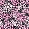 Spring flowering carpet of small delicate white and pink cetched flowers with gray leaves Modern seamless pattern on a black