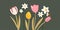 Spring flowers banner. Daffodils, tulips bouquet illustration on green background