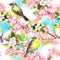 Spring flowers blossom, birds with blue sky. Floral seamless pattern. Vintage watercolor