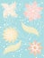 Spring flowers doodle white line art pink orange solid fill white dots pastel blue background