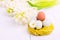 Spring Flowers with Easter Eggs in Nest Easter Spring Background with Hyacinth White Copy Space Easter Concept