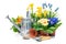 Spring flowers with gardening tools