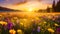 Spring Flowers in Golden Hour Glow: Dreamy Meadow Elegance