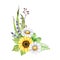 Spring flowers lush decor. Watercolor illustration. Hand drawn daisy, sunflower, lavender, green lush leaves decorative