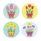 Spring flowers in pots with bows. Set of round banners. Vector illustration of  red tulip, yellow daffodil, hyacinth and crocus