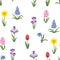 Spring flowers seamless pattern. Crocus, tulip, hyacinth, muscari,  scilla, narcissus, and iris on white background.